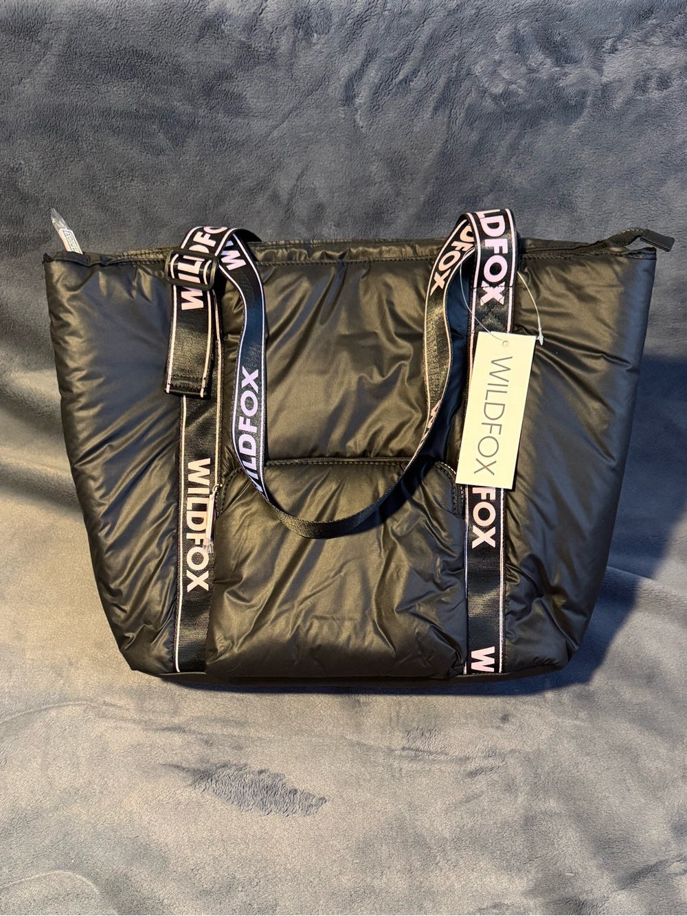 Wildfox Black Quilted Tote with Pink Logo Webbing Straps